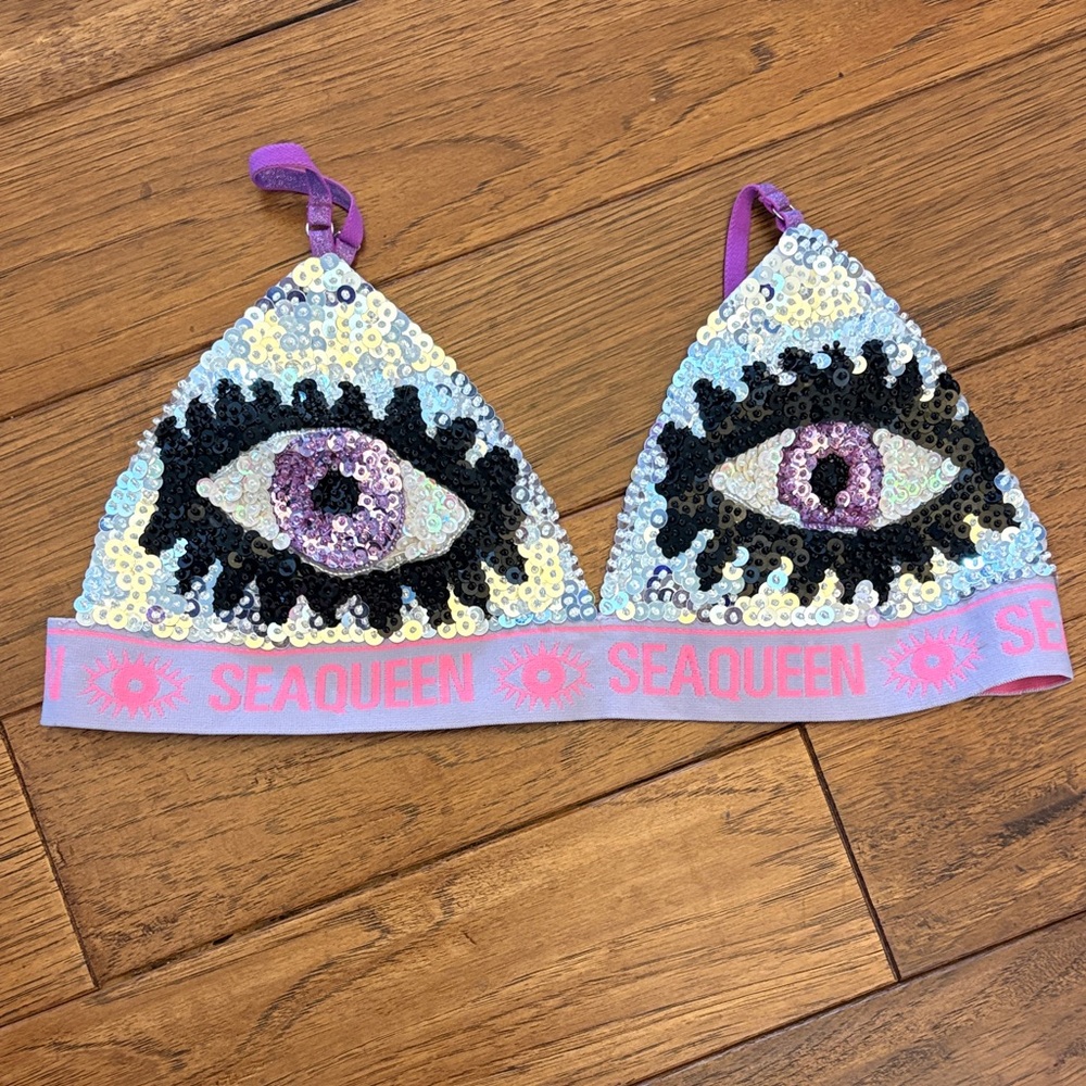 SEAQUEEN Evil Eye Sequin Bikini Top, Lavender, Large